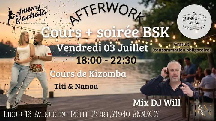 Affiche au bord du lac au coucher du soleil : un couple danse sur un ponton sous des guirlandes lumineuses, avec le titre Afterwork, cours + soirée BSK, et un DJ au casque.