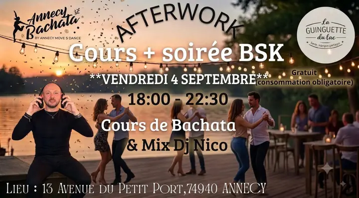 Affiche au coucher de soleil sur le lac : couples qui dansent sur une terrasse en bois, DJ Nico au casque, Afterwork cours + soirée BSK du vendredi 4 septembre.