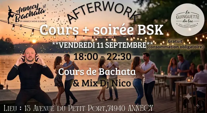 Affiche au coucher de soleil sur le lac : des couples dansent sur un ponton sous des guirlandes lumineuses, DJ Nico casque aux oreilles à gauche, pour l'Afterwork BSK du vendredi…