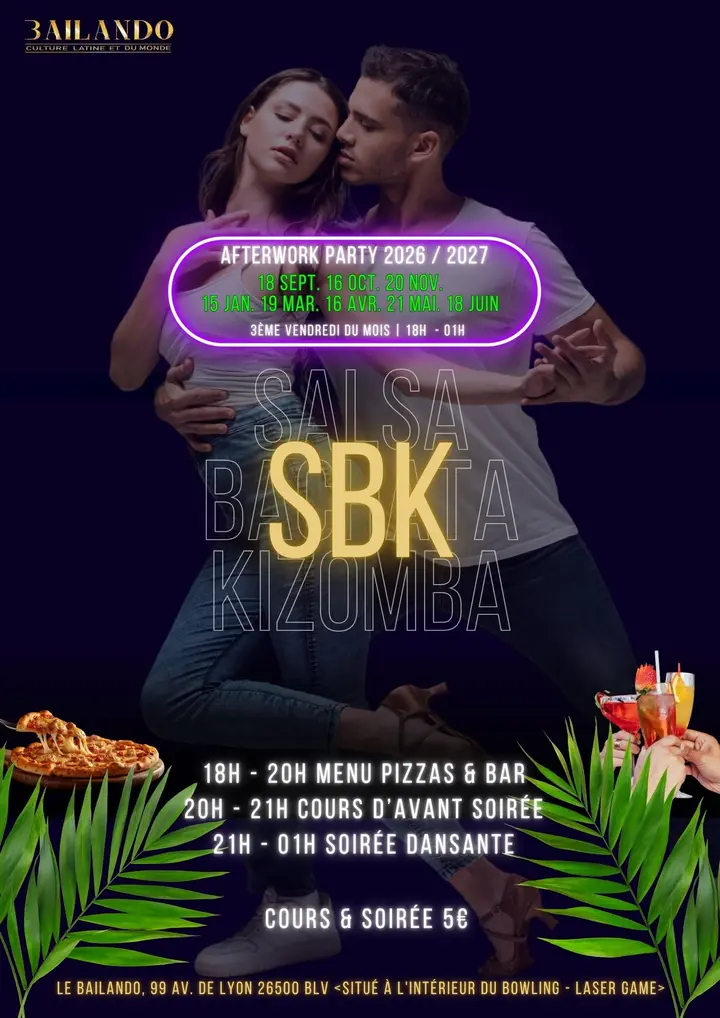 Affiche sombre à néons violets d'un couple de danseurs, annonçant l'Afterwork Party SBK 2026/2027 du Bailando avec ses huit dates et ses horaires.