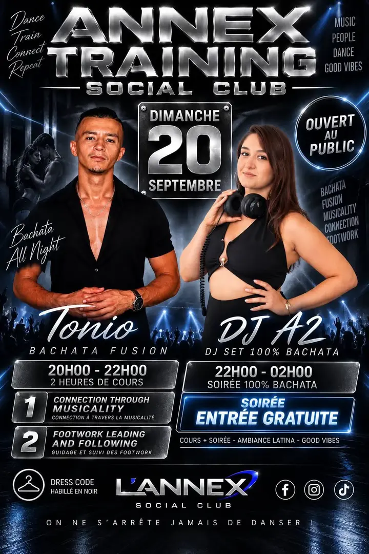 Affiche noir et bleu métallisé du Annex Training Social Club du dimanche 20 septembre, avec le danseur Tonio et DJ A2 casque autour du cou.