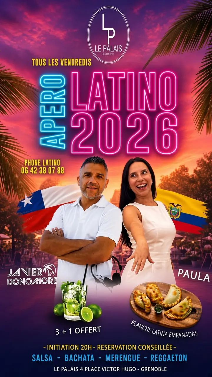 Affiche néon rose et bleue de l'Apéro Latino 2026 au Palais, avec Javier Donomore et Paula devant un coucher de soleil, mojitos et planche d'empanadas.