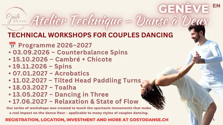 Affiche beige de Gosto'Danse annonçant les Ateliers Techniques Danse à Deux à Genève, avec un couple en blanc en pleine figure renversée et la liste des huit dates de la saison…