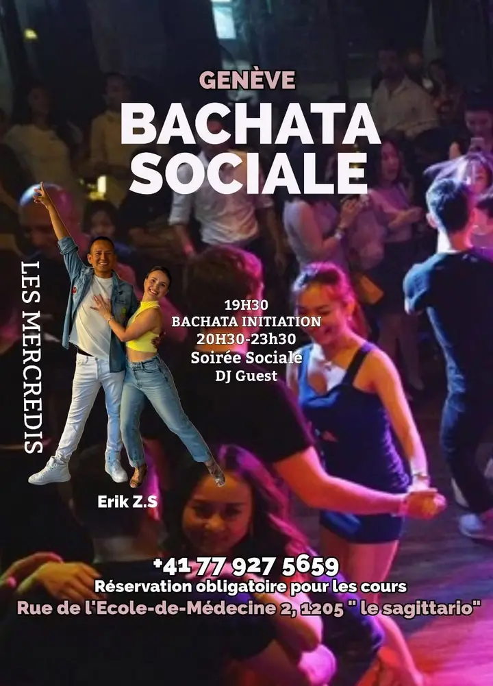 Photo d'une piste de danse sous une lumière rose et violette. Au premier plan, le couple de professeurs pose sous le titre Bachata Sociale Genève, avec la mention Les mercredis.
