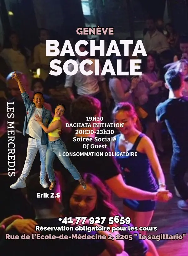 Affiche sur fond de piste de danse violette, un couple qui danse au premier plan et le programme des mercredis bachata au Sagittario.