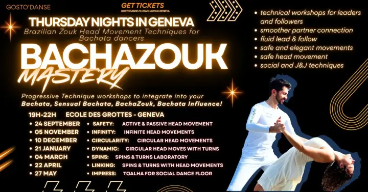 Affiche noir et or de BachaZouk Mastery : un couple en blanc, elle en cambré arrière, à côté des sept dates de la série et de leurs thèmes.