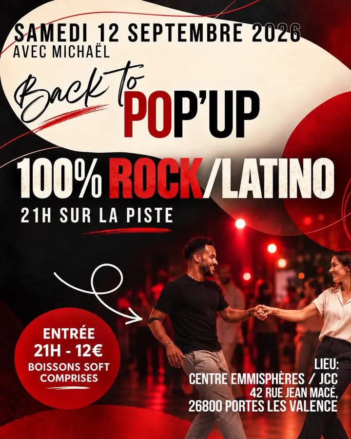 Affiche rouge et noire d'une soirée rock et latino du 12 septembre, avec un couple dansant sur une piste éclairée de rouge.