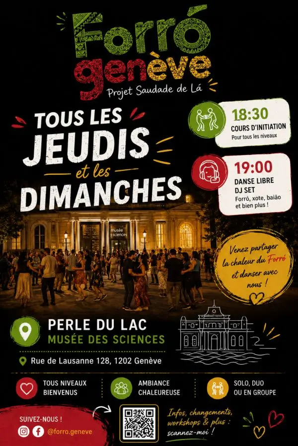 Affiche noire de Forró Genève, danseurs en couple devant le musée illuminé la nuit, cours d'initiation à 18h30 et DJ set à 19h tous les jeudis et dimanches