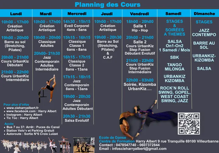 Planning de la semaine de l'École de danse Harry Albert, en colonnes du lundi au dimanche, en blanc et bleu sur fond gris, avec des photos de danseurs ; le lundi porte les cours…