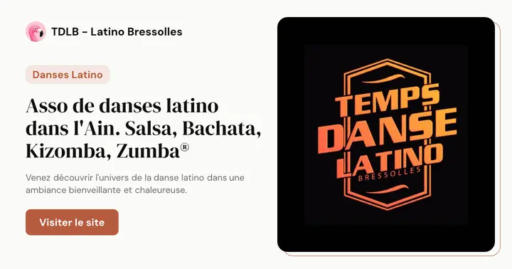 Visuel de Temps Danse Latino Bressolles : logo orange en hexagone sur fond noir, à côté du texte « Asso de danses latino dans l'Ain ».