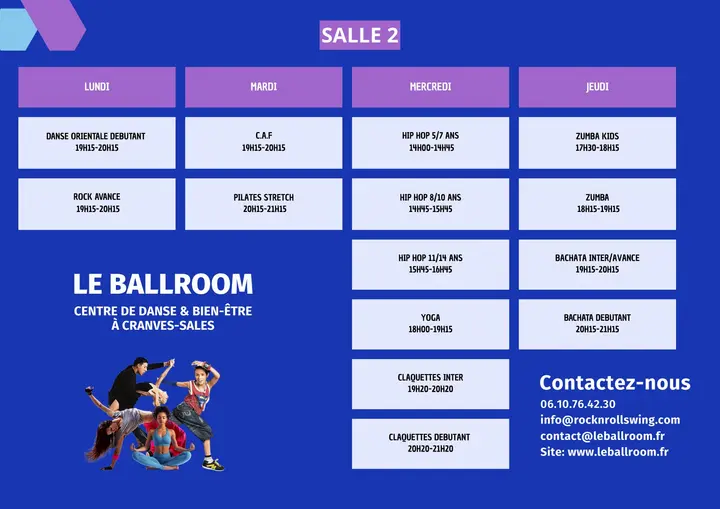 Planning bleu et violet de la salle 2 du Ballroom, avec les cours du lundi au jeudi, dont la bachata du jeudi soir.