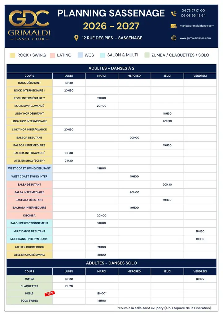 Planning 2026-2027 du Grimaldi Danse Club de Sassenage, tableau bleu et doré des cours adultes par jour, avec bachata et salsa intermédiaires le mercredi