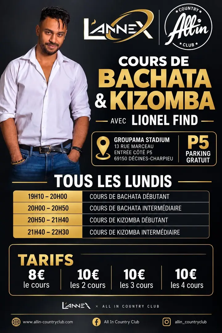 Affiche noir et or montrant Lionel Find en chemise blanche, avec la grille des quatre cours de bachata et kizomba du lundi et les tarifs.