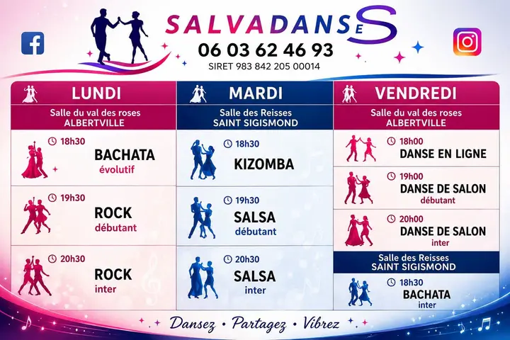 Planning rose et bleu de Salvadanses en trois colonnes (lundi, mardi, vendredi), avec la bachata inter du vendredi à 18h30 à la Salle des Reisses de Saint-Sigismond.