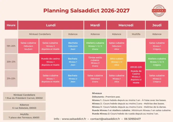 Grille horaire du planning Salsaddict 2026-2027 sur fond rose, avec la colonne du lundi à Kdance en bleu pour les trois cours de bachata.