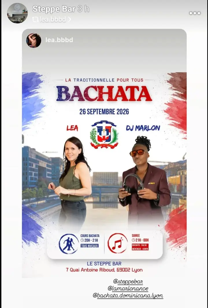Affiche aux couleurs de la République dominicaine, avec ses armoiries, annonçant la soirée Bachata du 26 septembre 2026 au Steppe Bar avec des photos de Lea et de DJ Marlon…