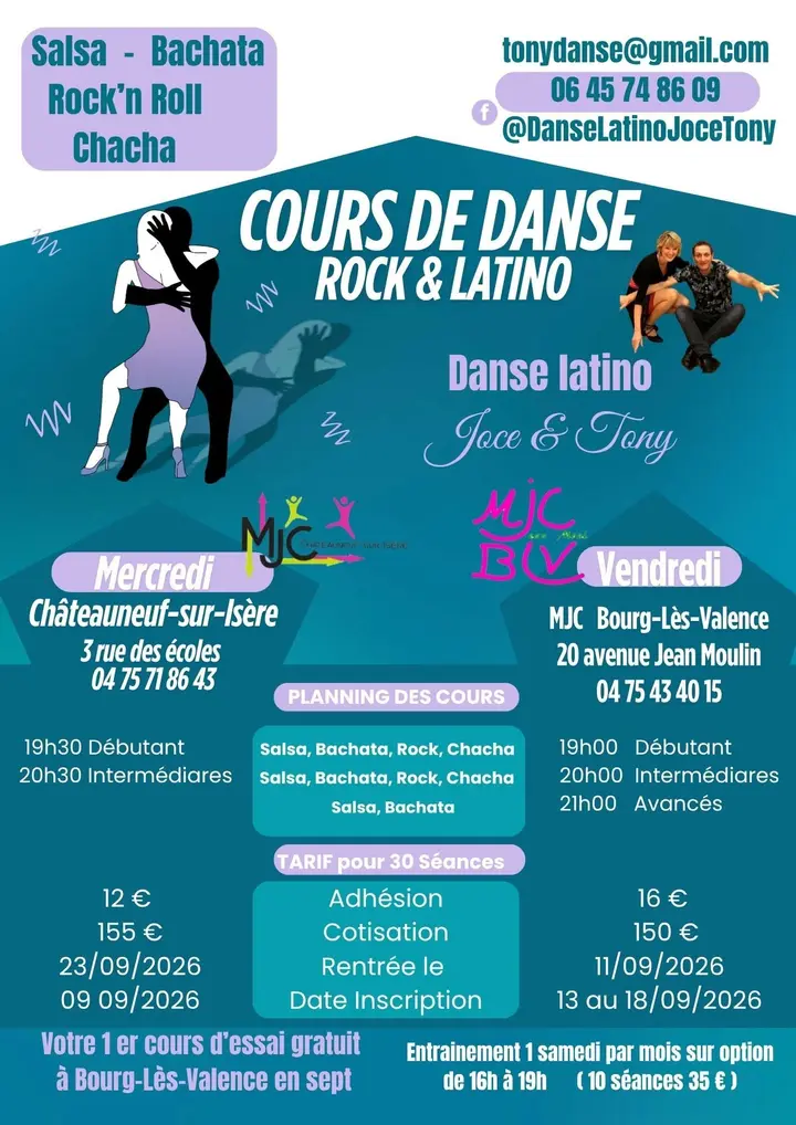Affiche turquoise Cours de danse rock & latino de Joce & Tony, avec un couple qui danse et le planning des cours du mercredi à Châteauneuf-sur-Isère et du vendredi à la MJC de…