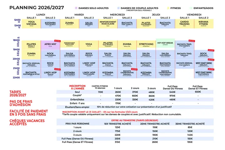 Grille du planning 2026/2027 de Latin'Addiction, avec les cours de danse et de fitness du lundi au vendredi sur deux salles et les tableaux de tarifs.