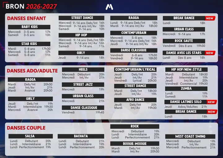 Planning Markadas Bron 2026-2027 sur fond bleu nuit, trois blocs de cours (enfant, ado/adulte, couple) avec les créneaux hebdomadaires en rouge et noir.
