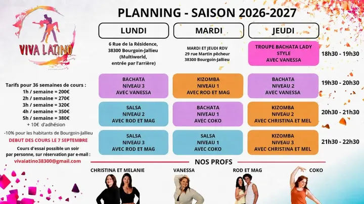 Planning fleuri de la saison 2026-2027 de VIVA Latino : colonnes lundi, mardi et jeudi avec les cours de bachata, salsa et kizomba par niveau, les tarifs annuels et les photos…