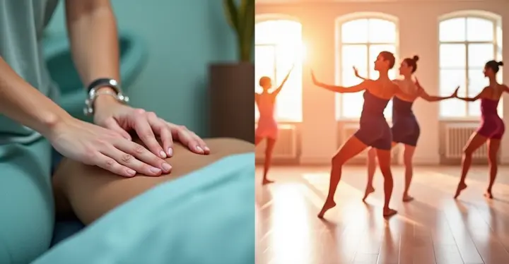 Visuel en deux parties sans texte : à gauche, des mains pratiquent un massage ; à droite, des danseuses en justaucorps dansent dans un studio lumineux à grandes fenêtres.