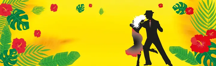 Bannière jaune tropicale, feuilles de palmier et hibiscus rouges, avec la silhouette d'un couple de danseurs enlacés