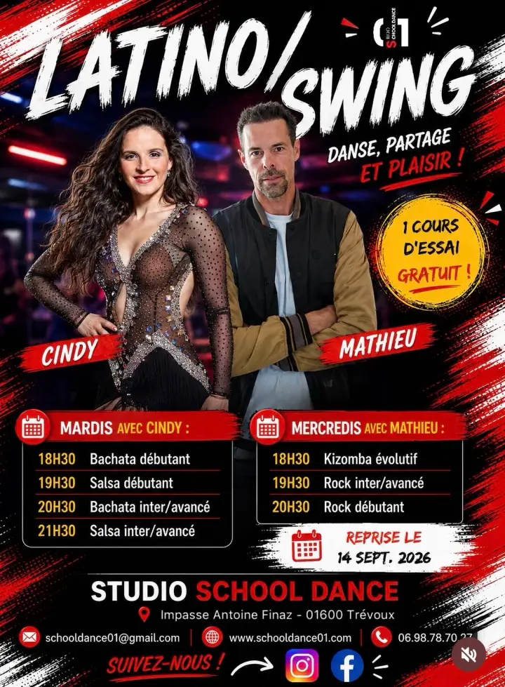 Affiche rouge et noire « Latino/Swing » où posent Cindy en robe à sequins et Mathieu, avec les plannings des mardis et des mercredis et la mention d'une reprise le 14 septembre…