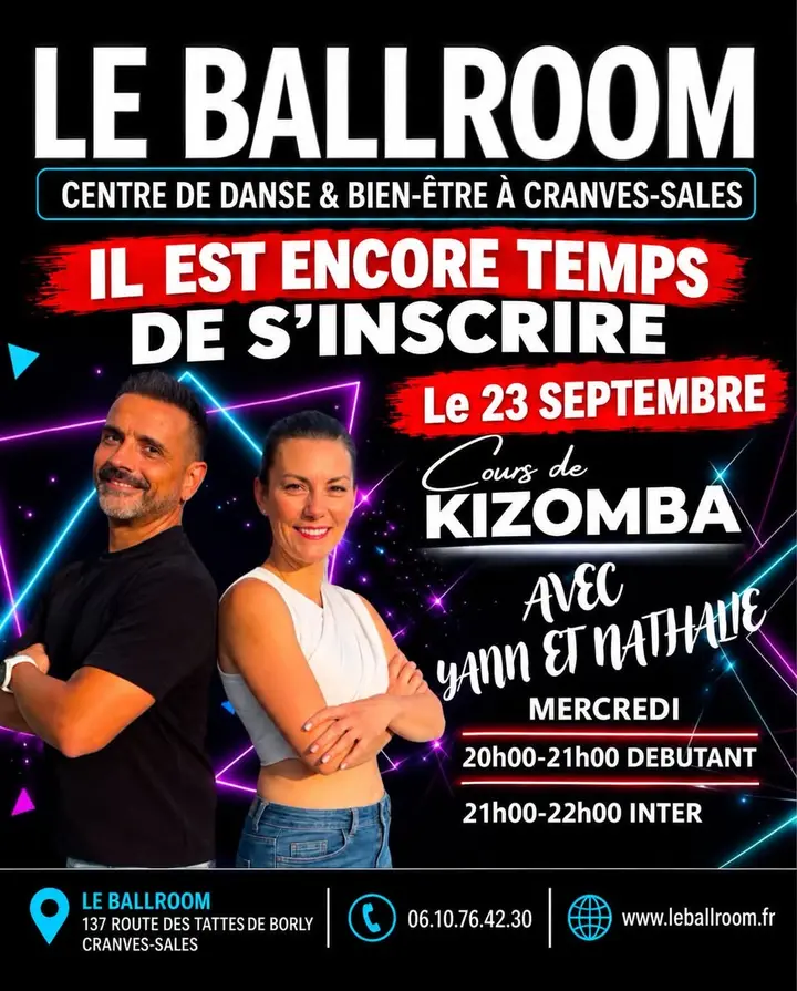 Affiche noire aux néons violets et bleus : Yann et Nathalie posent dos à dos, bras croisés, sous le titre Le Ballroom et le bandeau rouge « Il est encore temps de s'inscrire, le…