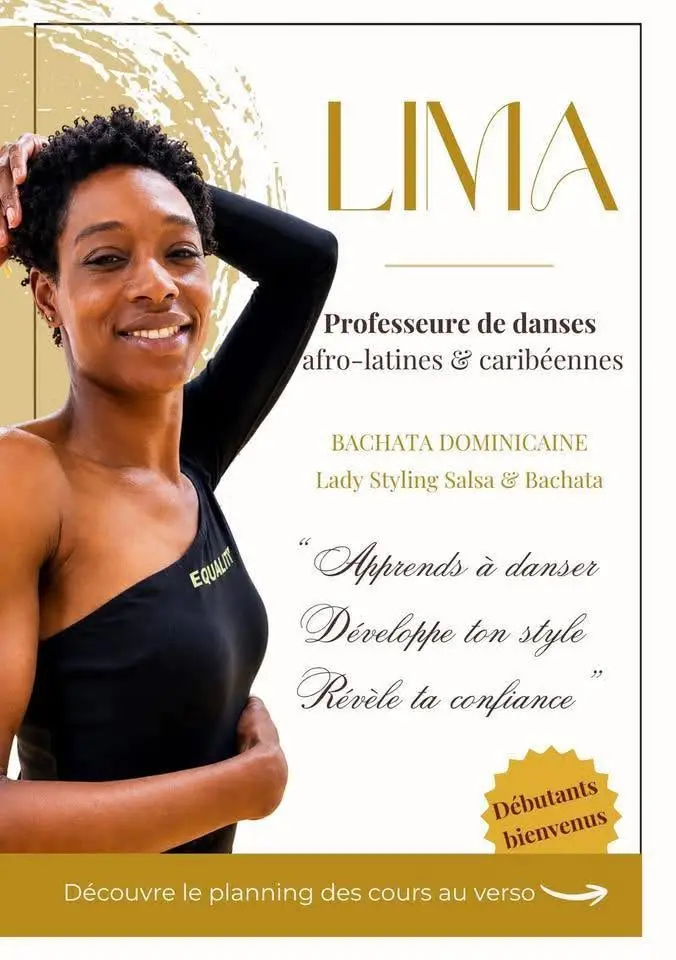 Affiche crème et dorée : la professeure Lima pose en haut noir à côté des mots bachata dominicaine, lady styling salsa et bachata, avec une pastille « Débutants bienvenus ».