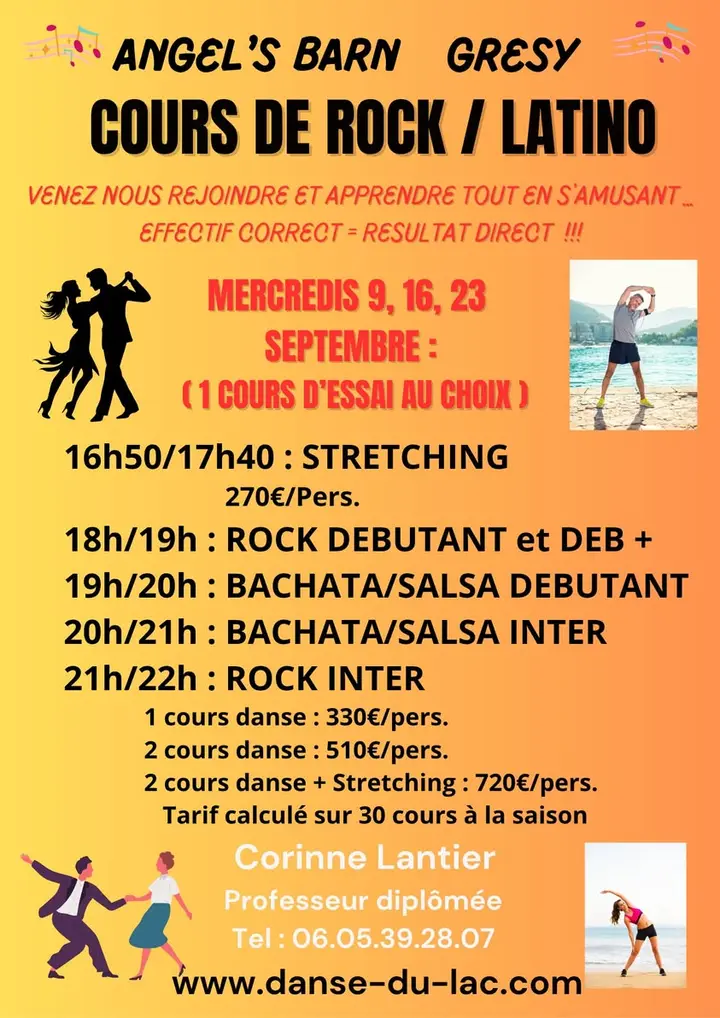 Affiche orangée « Cours de rock / latino » d'Angel's Barn à Gresy, avec silhouettes de danseurs, grille horaire du mercredi et tarifs.