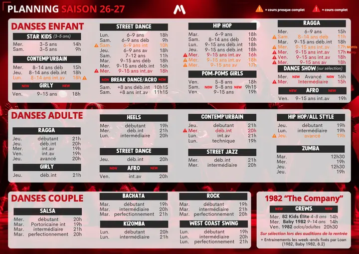 Planning saison 26-27 de Markadas sur fond rouge, avec le bloc Danses couple listant les cours de salsa, bachata, kizomba, rock et west coast swing par jour et par horaire.