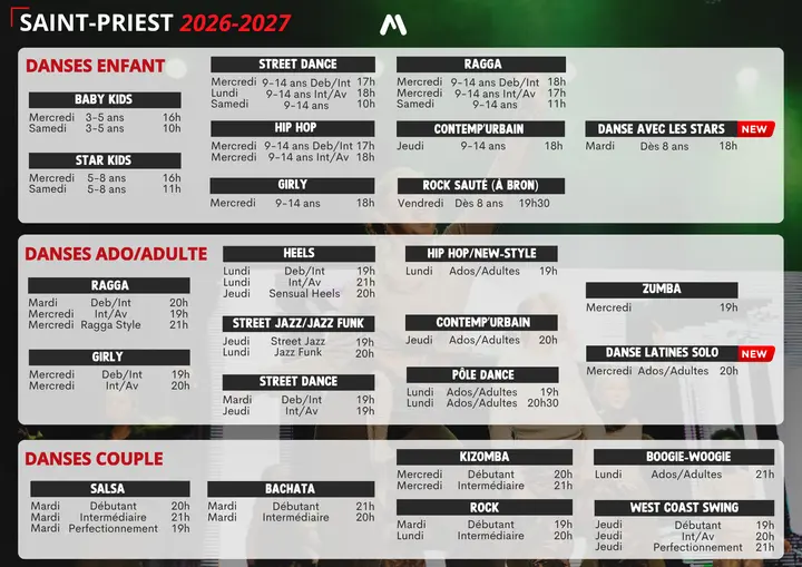 Planning 2026-2027 de l'école Markadas à Saint-Priest, sur fond vert sombre, listant les cours enfants, ados/adultes et danses de couple avec leurs horaires.