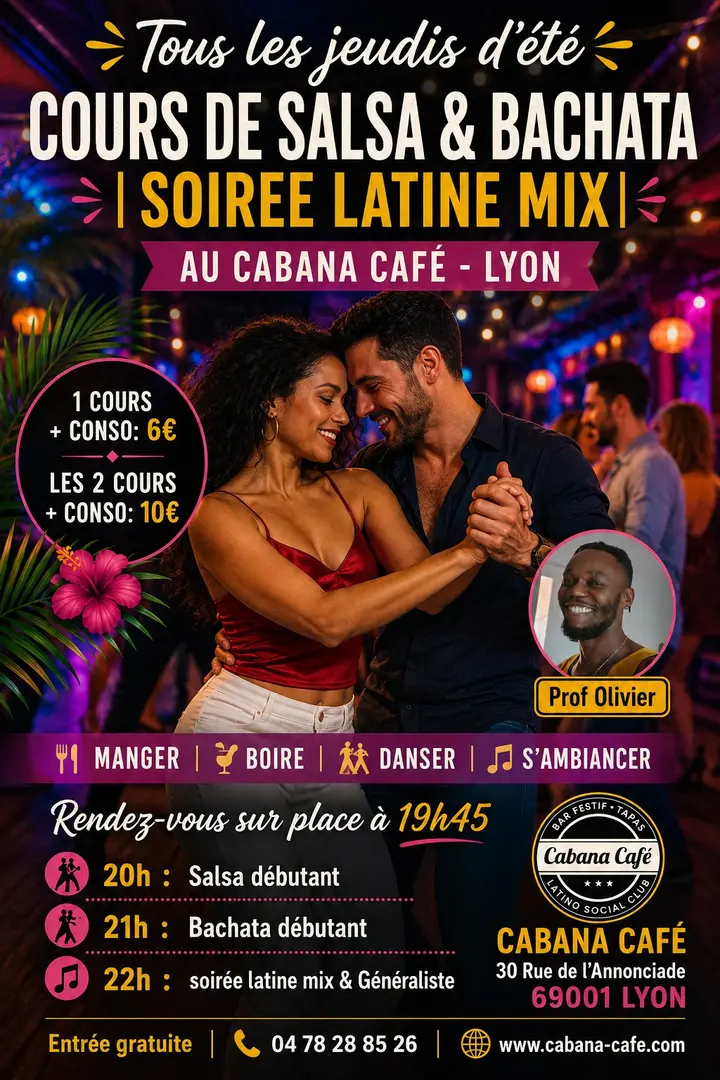 Affiche du Cabana Café montrant un couple qui danse sous des guirlandes colorées, avec les horaires des cours de salsa et bachata et le portrait du prof Olivier.