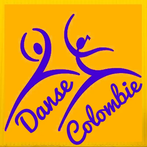 Logo de Danse Colombie : deux danseurs stylisés en violet sur fond jaune, le nom de l'école en lettres cursives.