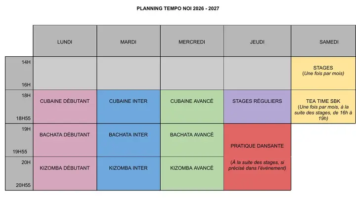 Tableau coloré du planning Tempo Noi 2026-2027 : cours du lundi au mercredi, de 18h à 20h55, avec les cours intermédiaires du mardi en bleu.