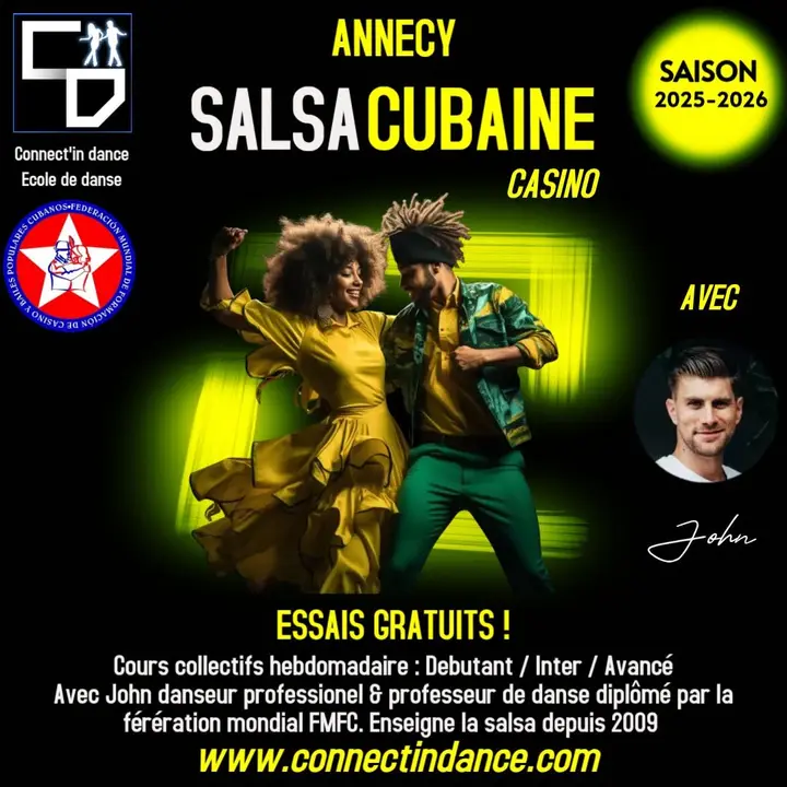 Affiche noire et jaune fluo d'un couple dansant la salsa cubaine casino à Annecy, saison 2025-2026, avec le portrait du professeur John.