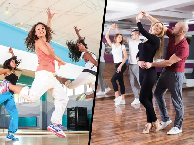Photo en deux volets : un groupe en plein cours de danse et un couple guidé en salsa dans une salle en parquet.