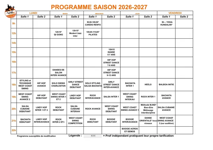 Grille horaire orange et blanche du programme 2026-2027 de Swing Folie's, avec le lundi salle 1 salsa cubaine débutant à 20h et bachata débutant à 21h