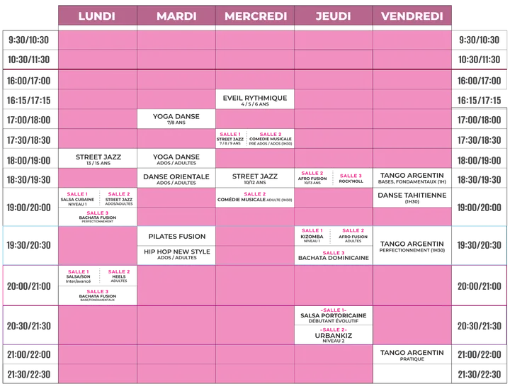Grille de planning hebdomadaire sur fond noir et cases fuchsia, où le lundi soir porte salsa cubaine niveau 1, salsa/son et bachata fusion.