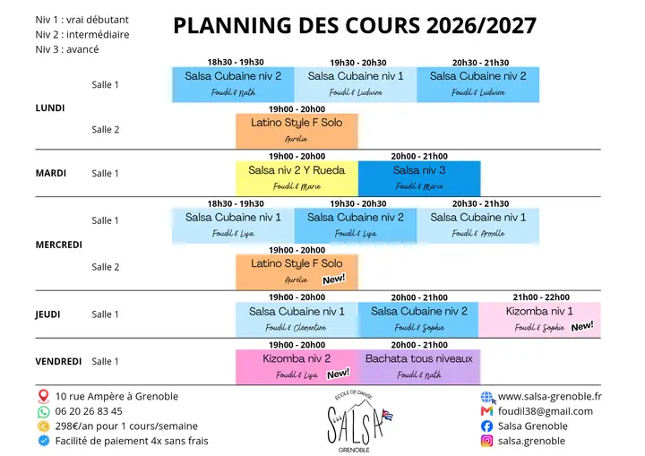 Planning coloré des cours 2026/2027 de Salsa Grenoble, avec les créneaux du lundi au vendredi répartis entre la salle 1 et la salle 2.