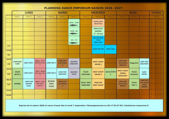 Planning doré de la saison 2026-2027 du Dance Emporium, où les créneaux salsa du mercredi soir apparaissent en cases vertes.