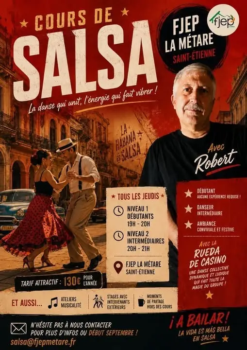 Affiche rouge d'un cours de salsa au FJEP La Métare : un couple danse dans une rue de La Havane à côté du portrait de Robert, le professeur, avec les horaires du jeudi.