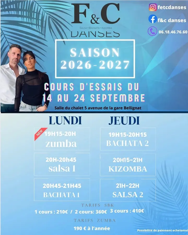 Affiche bleue de la saison 2026-2027 de F&C Danses, avec le couple de professeurs et la grille des cours du lundi et du jeudi à la salle du Chalet de Bellignat.
