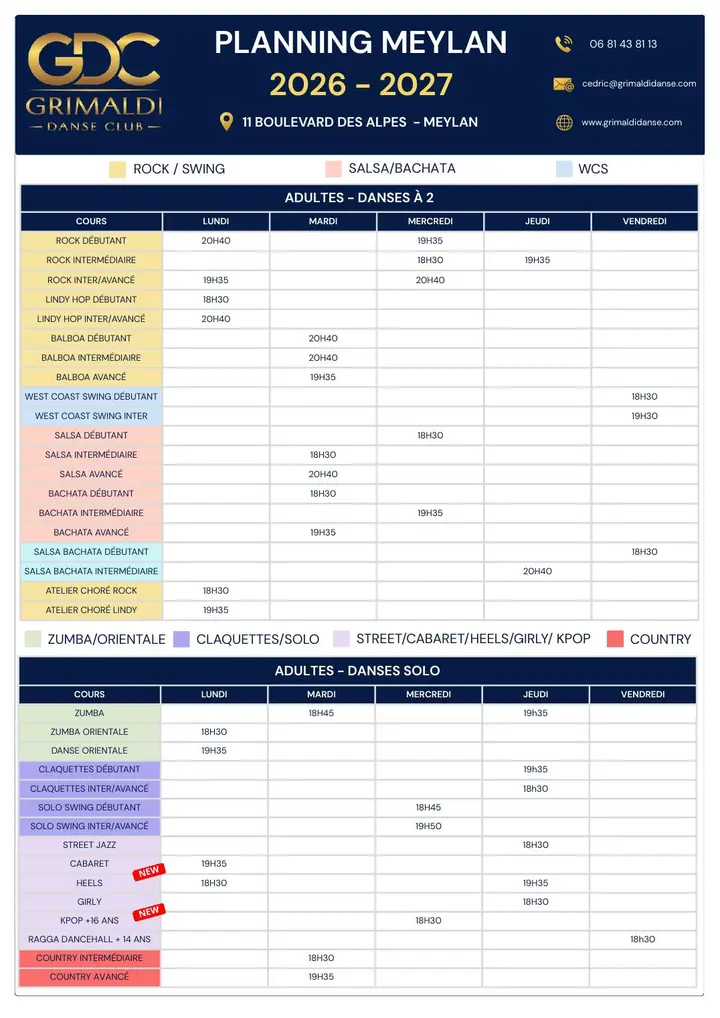 Planning 2026-2027 du Grimaldi Danse Club à Meylan : tableau bleu et pastel des cours adultes par jour et par salle, où la colonne du mardi porte la salsa et la bachata.