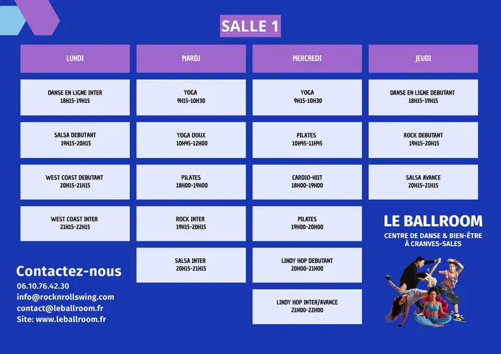 Planning bleu et violet de la salle 1 du Ballroom, grille des cours du lundi au jeudi, dont salsa intermédiaire le mardi de 20h15 à 21h15.