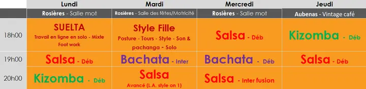 Grille orange du planning hebdomadaire de SoFabulous, du lundi au jeudi, avec les cours de suelta, salsa, bachata et kizomba à Rosières et Aubenas.