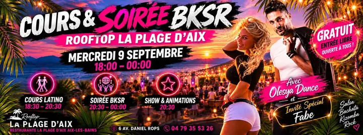 Affiche rose et orange sur un coucher de soleil au bord du lac, un couple de danseurs à droite, annonçant la soirée BKSR du mercredi 9 septembre au Rooftop La Plage d'Aix.