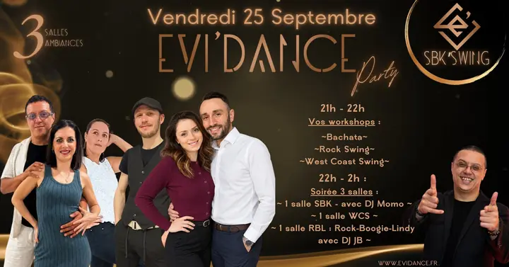 Affiche noir et doré de l'Evi'Dance Party du vendredi 25 septembre, avec les six professeurs et DJ Momo, et le programme des trois salles