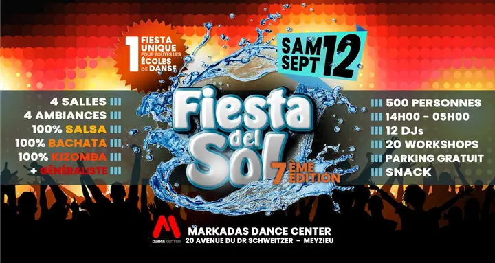 Affiche de la Fiesta del Sol 7ème édition, éclaboussure d'eau bleue sur fond rouge et foule en silhouette, samedi 12 septembre au Markadas Dance Center de Meyzieu.