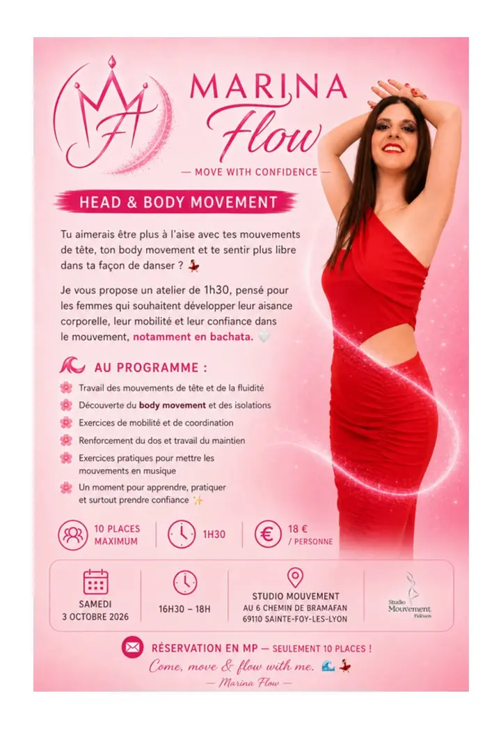 Affiche rose où une danseuse en robe rouge, les bras levés au-dessus de la tête, se tient à côté du logo couronné de Marina Flow et du programme de l'atelier Head & Body Movement…